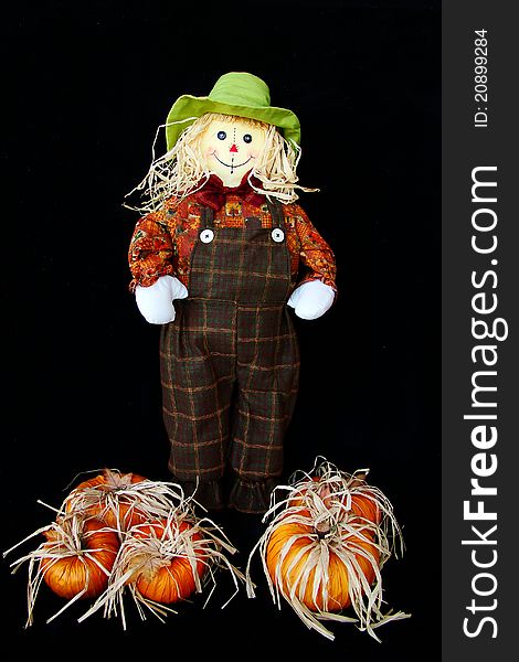 Stuffed Scarecrow Doll in brown plaid overalls, decorative shirt and green hat with buttons for eyes, straw haiir and pumpkins by his feet. Black background. Stuffed Scarecrow Doll in brown plaid overalls, decorative shirt and green hat with buttons for eyes, straw haiir and pumpkins by his feet. Black background