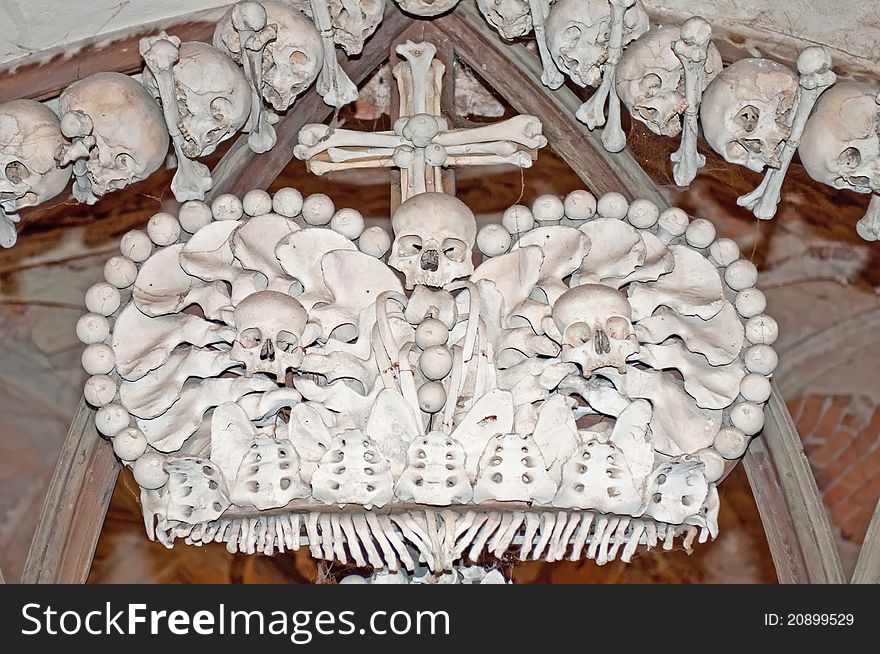 Crown made of bones in Sedlec Ossuary, Kutna Hora, Czech Republic. Crown made of bones in Sedlec Ossuary, Kutna Hora, Czech Republic.