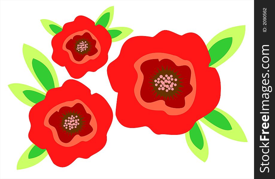 Three red flowers with leaves on a white background. Three red flowers with leaves on a white background.