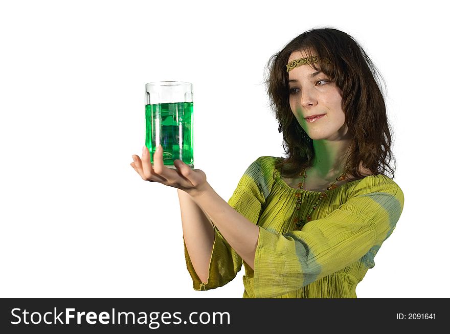 Smiling girl with tankard of green beer. Smiling girl with tankard of green beer