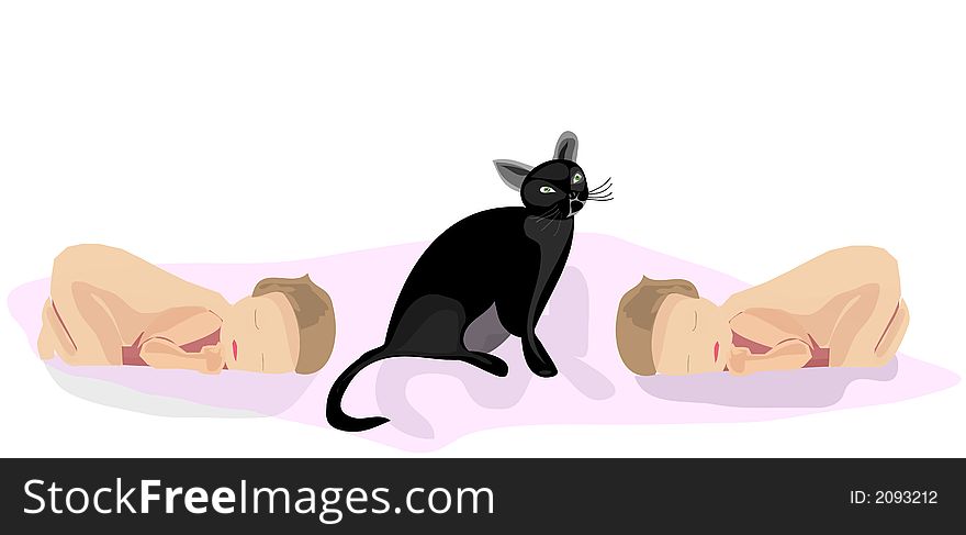 This is an illustration with two babyes and black cat. This is an illustration with two babyes and black cat
