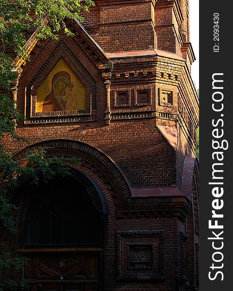 Orthodox red brick church, evening. Orthodox red brick church, evening