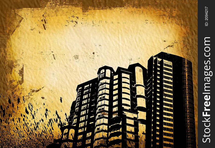 Grunge style background with building silhouette. Grunge style background with building silhouette