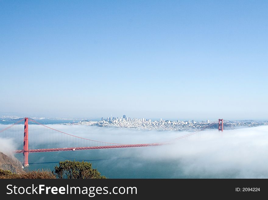 View of the Golden Gate Bridge hidden in clouds