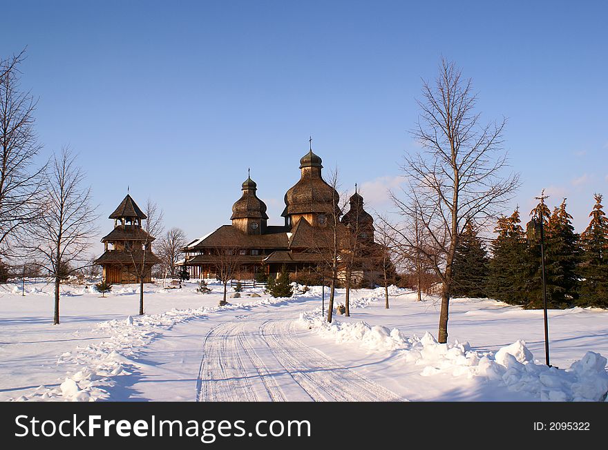 Photo of church building on winter time