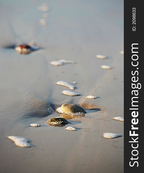 Wet stones in the foam on seacoast