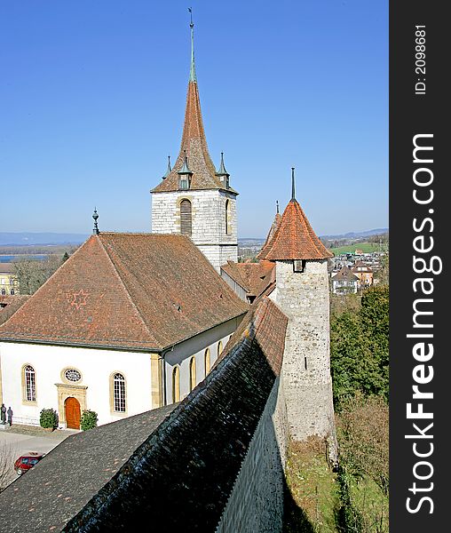 Old Church and Fortress Wall in Murten. Switzerland. Old Church and Fortress Wall in Murten. Switzerland
