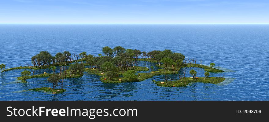 Small green islands with green trees - 3d illustration. Small green islands with green trees - 3d illustration.