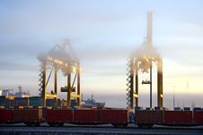 Harbor Cranes In Early Morning Royalty Free Stock Photography Harbor Cranes In Early Morning Royalty Free Stock Photography
