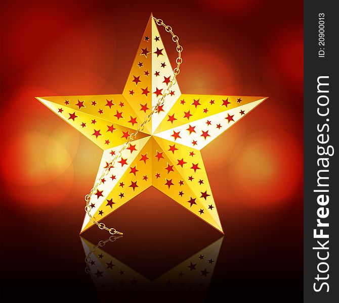 Gold Christmas star with chain reflected on a glossy surface with glowing circle red background