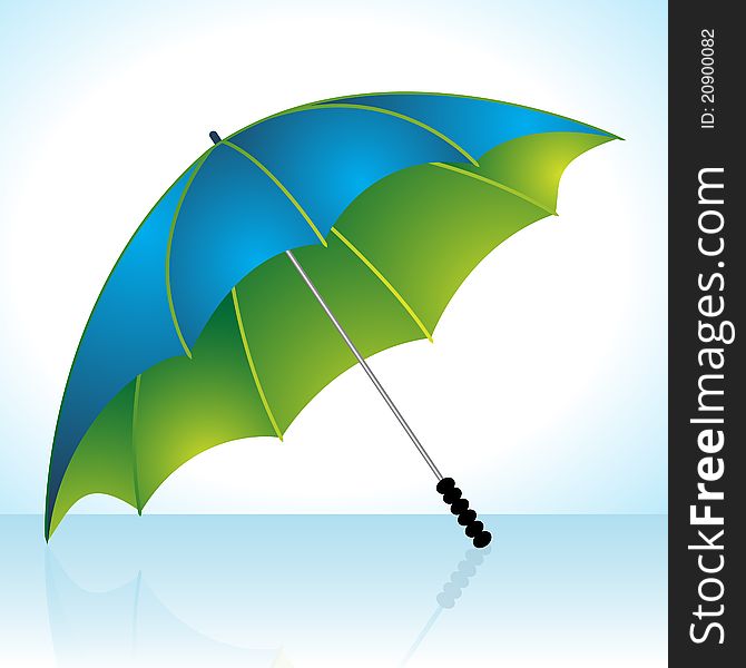 Blue umbrella with green lining reflected on a glossy surface. Blue umbrella with green lining reflected on a glossy surface