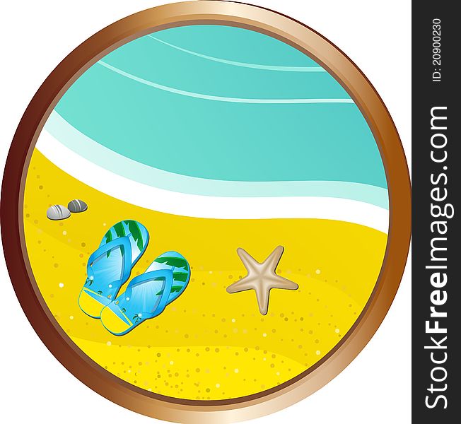 Tropical beach with flip flops, sea and starfish in a gold edged border. Tropical beach with flip flops, sea and starfish in a gold edged border