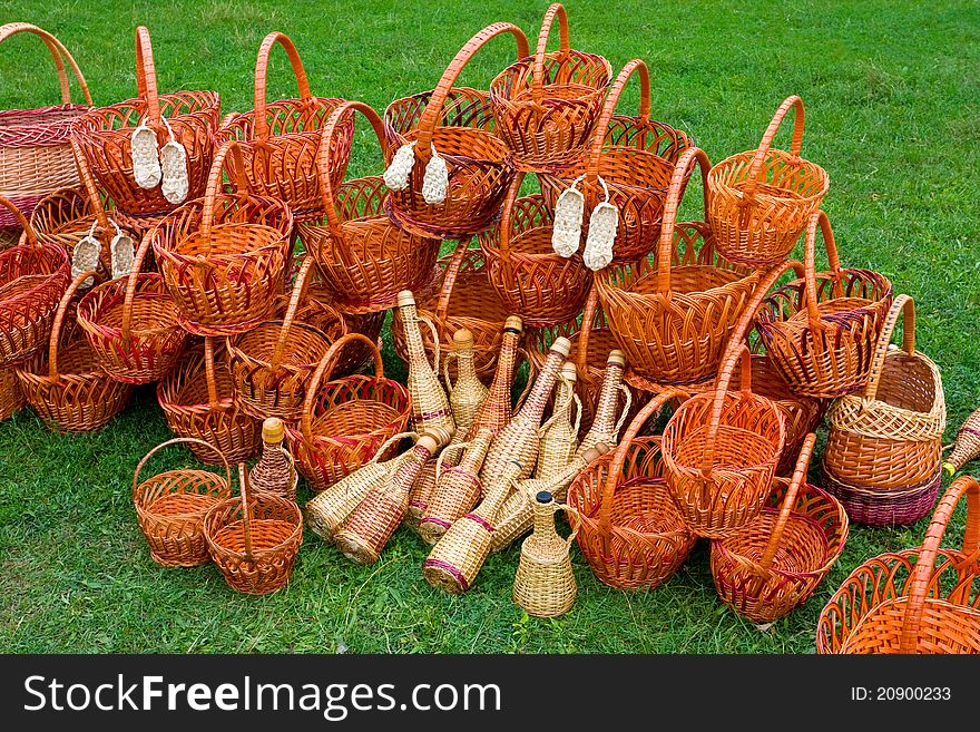 Woven Baskets On Green Grass