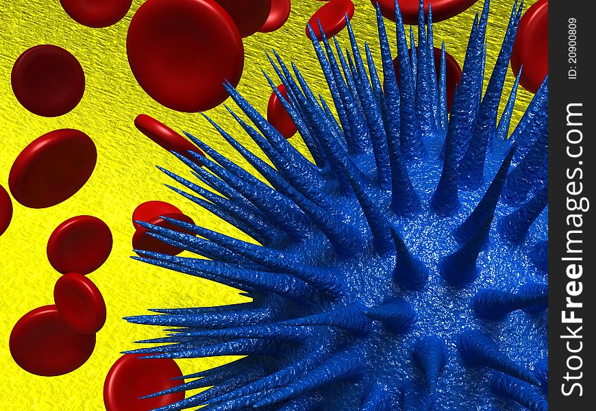 Illustration of blue VIRUS on a yellow background. Illustration of blue VIRUS on a yellow background