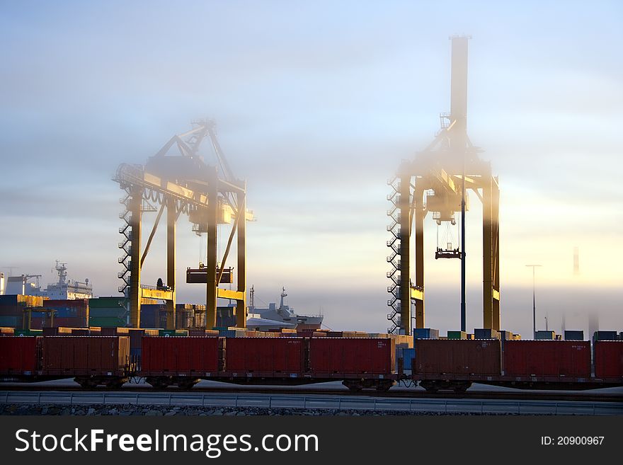 Harbor Cranes In Early Morning