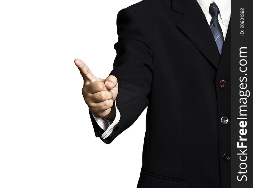 A businessman pointing over white background