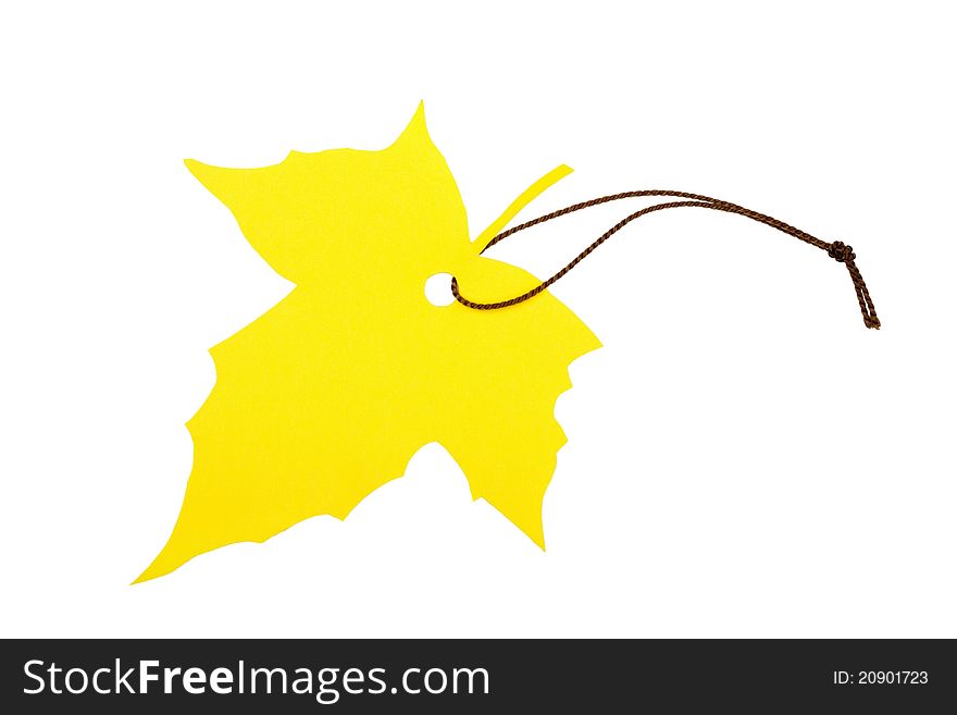 Maple leaf-shaped label tied with brown string, isolated on white