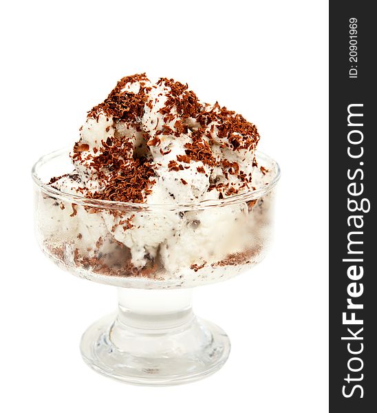Ice cream covered with chocolate in a glass isolated on a white