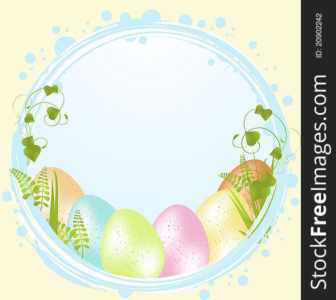 Speckled easter eggs inside a blue border with ferns, grasses and flowers. Speckled easter eggs inside a blue border with ferns, grasses and flowers