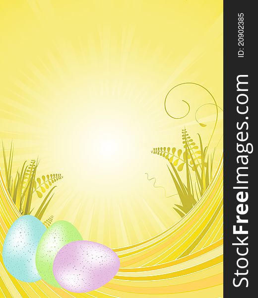 Tranquil spring background with speckled easter eggs on waves with grasses. Tranquil spring background with speckled easter eggs on waves with grasses
