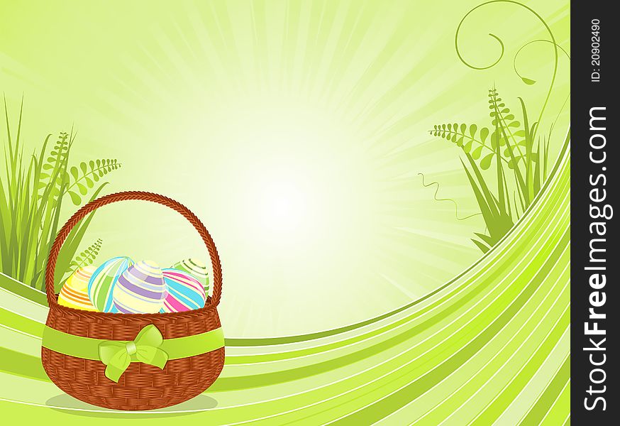 Decorated easter eggs in a wicker basket on a green background with grasses and ferns. Decorated easter eggs in a wicker basket on a green background with grasses and ferns