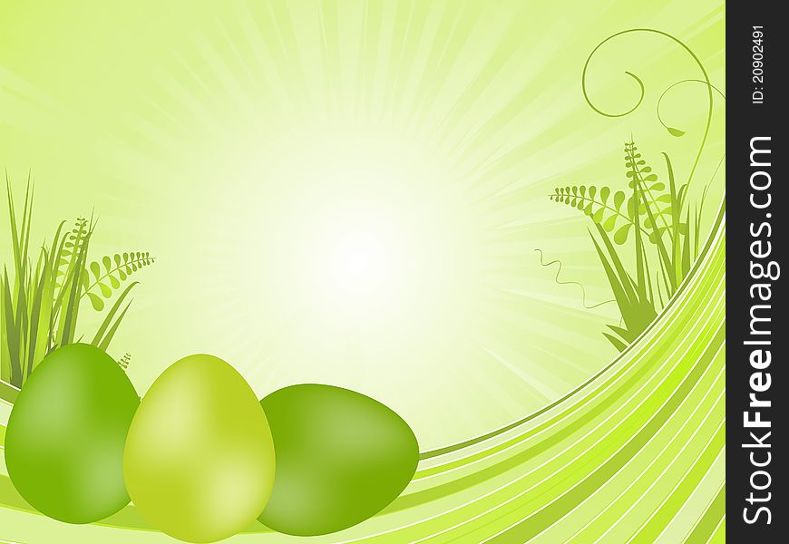 Tranquil spring background with green painted easter eggs on waves with grasses. Tranquil spring background with green painted easter eggs on waves with grasses