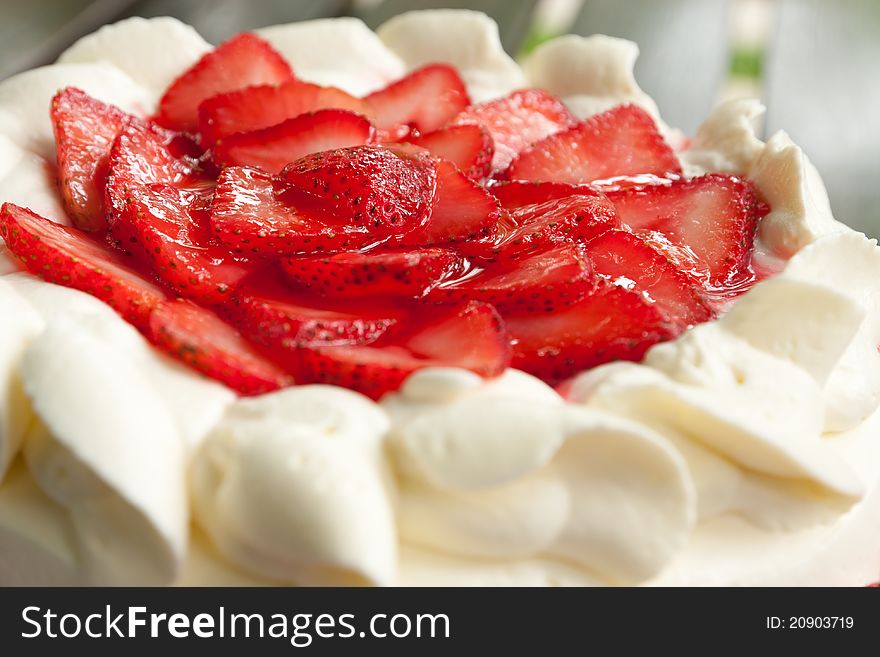 Closeup homemade strawberry cake with cream