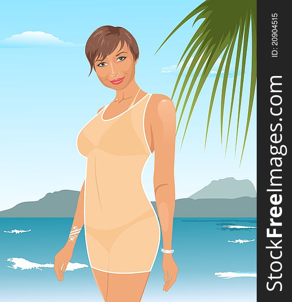 Illustration pretty suntanned girl on beach - vector