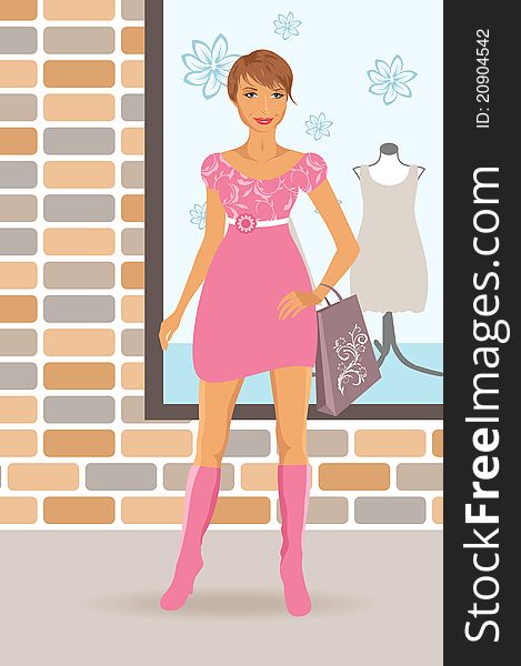 Illustration fashion shopping girl near shop - vector