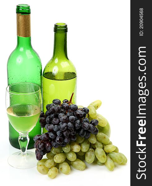 Wine and grapes on a white background