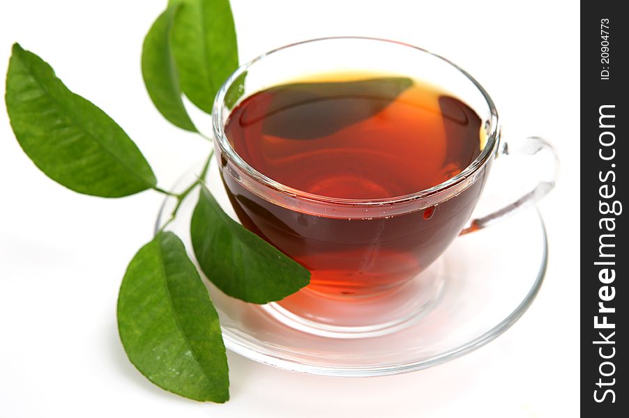 Tea and green leaf on a white background