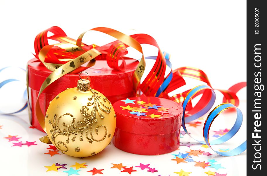 Gifts and New Year's ornaments on a white background