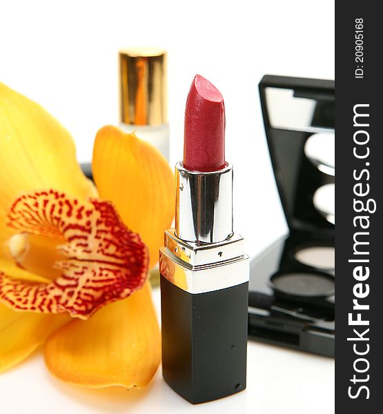 Decorative cosmetics on a white background