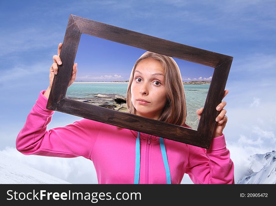 Woman Holding Frame, travel concept, isolated on white