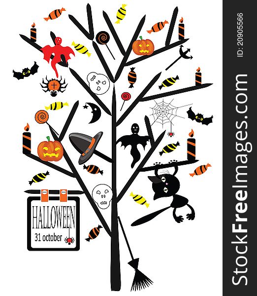 Halloween tree with halloween elements,isolated.