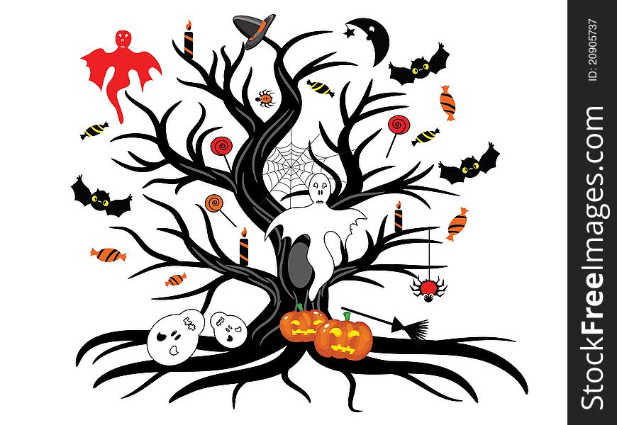 Halloween tree with halloween elements,isolated.