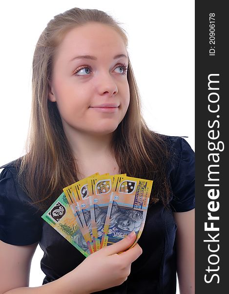 Young businesswoman with australian money. Young businesswoman with australian money