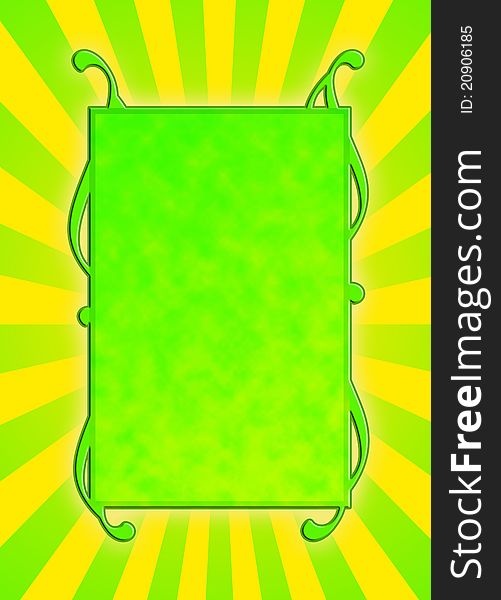 Light green frame with green/yellow beams in the background.