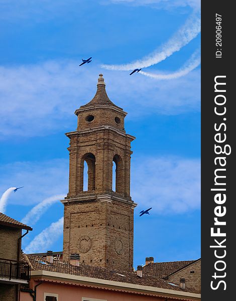 An illustration on romanic church in italy on blue sky with clouds and acrobatics airplanes. An illustration on romanic church in italy on blue sky with clouds and acrobatics airplanes