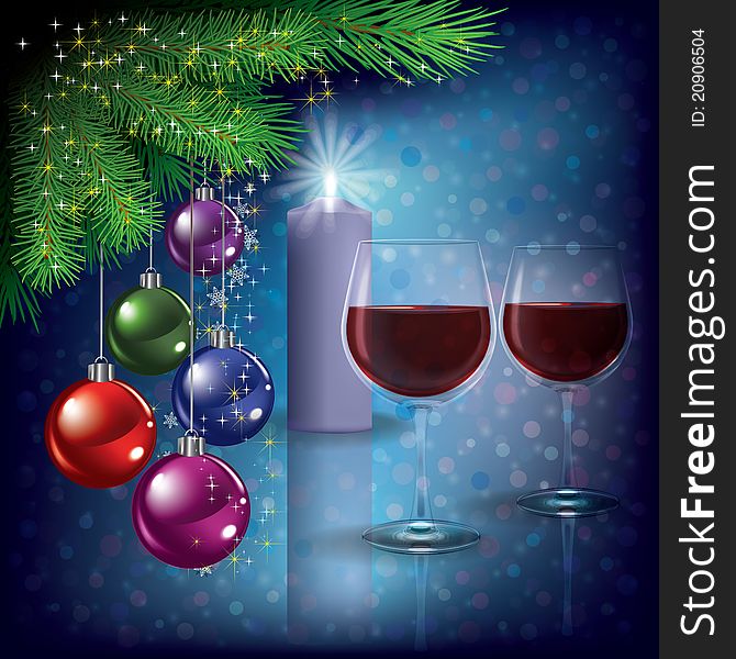 Abstract Christmas greeting with wine glasses and candle