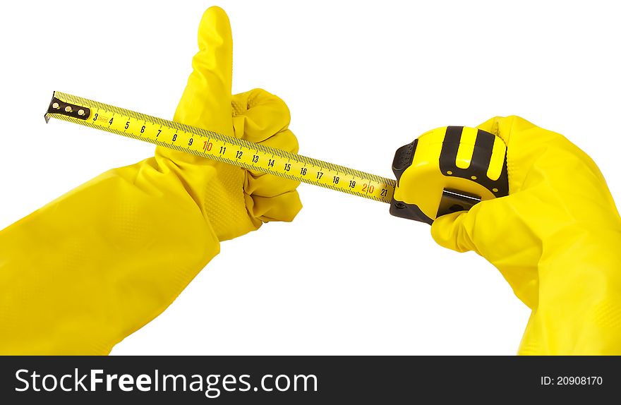 Gloved Hand Holding Measuring Tape Isolated