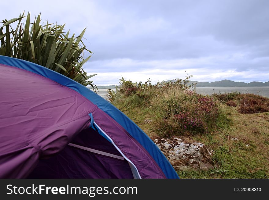 Tent at campsite on the edge of the coast of kerry in ireland. Tent at campsite on the edge of the coast of kerry in ireland