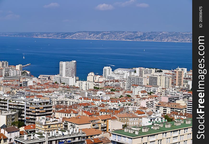 Aerial view of Old Port of Marseille city , France