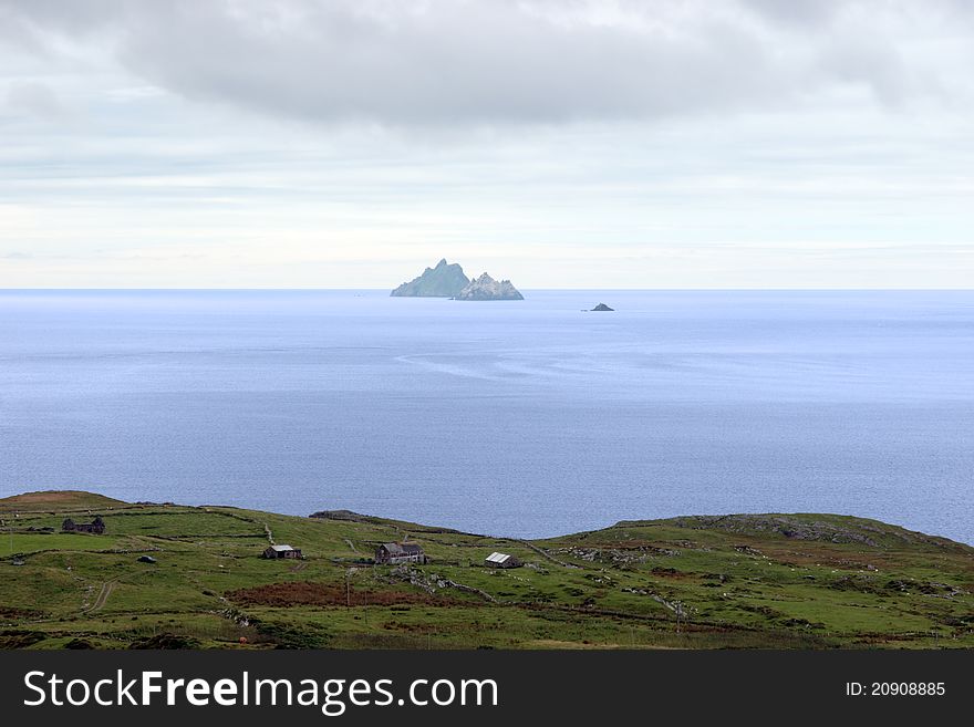 Scenic view in kerry ireland of coastline and skellig rock. Scenic view in kerry ireland of coastline and skellig rock