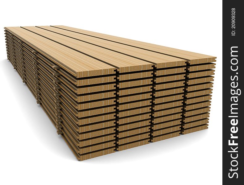 A stack of pine boards on a white background