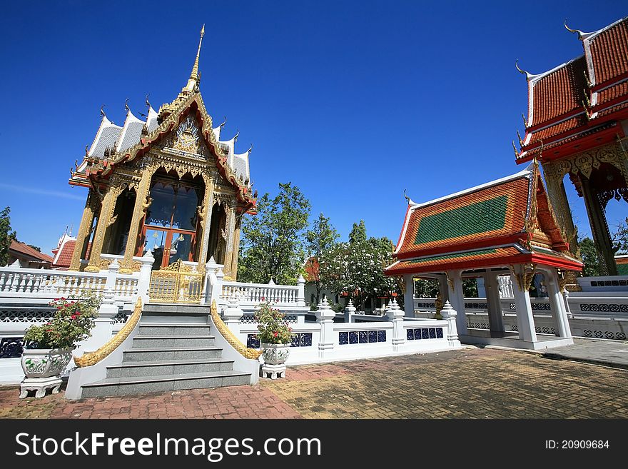 Beautiful Architecture of Thai Temple in Nonthaburi province with clear sky