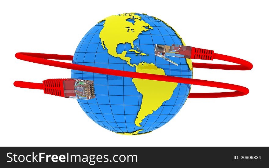 Red Internet cable wraps around the planet Earth