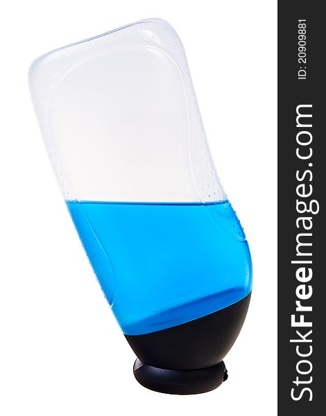 Blue shower gel in plastic transparent container isolated over white background. Blue shower gel in plastic transparent container isolated over white background.