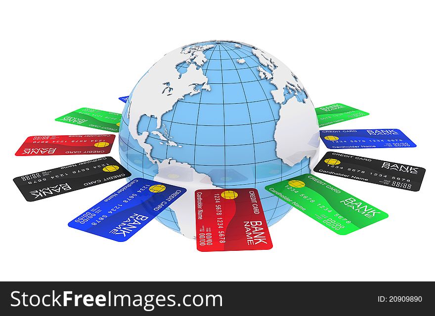 Multicolored bank cards around the Earth. 3d rendering