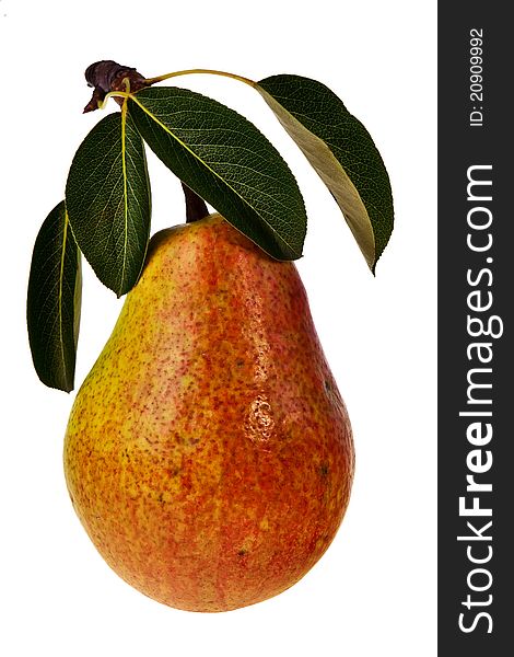 Ripe pear with green leafs isolated over white background. Ripe pear with green leafs isolated over white background.